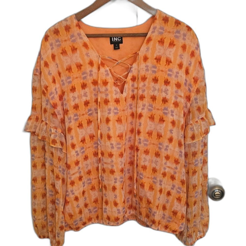 INC International Concepts Top Womens Sz XL Orange Patterned with Bishop Sleeves